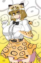 Rule 34 | 10s, 1girl, :o, akasode (tyaramu), animal ears, blonde hair, blush, bow, bowtie, breasts, elbow gloves, fur collar, gloves, highres, huge breasts, jaguar (kemono friends), jaguar ears, kemono friends, looking at viewer, multicolored hair, open mouth, shirt, short hair, short sleeves, skirt, solo, tail, thighhighs, yellow eyes
