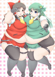 Rule 34 | 2girls, :d, adapted costume, ascot, asymmetrical docking, asymmetrical legwear, black footwear, black gloves, blue eyes, blush, boots, breast press, breasts, brown hair, collared shirt, fat, frilled skirt, frills, garter straps, gloves, green hair, hair tubes, hakurei reimu, highres, kochiya sanae, kurokaze no sora, large breasts, leg up, long hair, looking at viewer, microphone, miniskirt, multiple girls, obese, one eye closed, open mouth, red eyes, shirt, single thighhigh, skirt, smile, sparkle, standing, standing on one leg, thick arms, thigh strap, thighhighs, touhou, undersized clothes, uneven legwear, vest, w