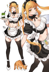 Rule 34 | 1girl, apron, black skirt, black thighhighs, breasts, cat, clenched teeth, commentary, crop top, hand up, highres, holding, holding tray, long hair, looking at viewer, medium breasts, midriff, miniskirt, multiple views, navel, orange hair, original, pinepin, puffy short sleeves, puffy sleeves, shoes, short sleeves, simple background, skirt, skirt set, standing, stomach, teeth, thighhighs, tray, twintails, very long hair, waist apron, white apron, white background, white footwear, wrist cuffs, yellow eyes, zettai ryouiki