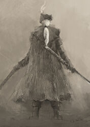 Rule 34 | 1girl, bloodborne, boots, cape, from behind, gloves, gun, hat, hat feather, highres, holding, holding gun, holding sword, holding weapon, lady maria of the astral clocktower, long hair, monochrome, ponytail, solo, standing, sword, tricorne, tripdancer, weapon