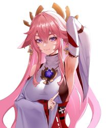 Rule 34 | 1girl, arm up, armpits, breasts, detached sleeves, genshin impact, hair between eyes, hair ornament, highres, japanese clothes, large breasts, miko, pink hair, purple eyes, simple background, sleeveless, solo, upper body, white background, wide sleeves, wish-tf, yae miko