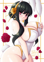 Rule 34 | 1girl, animal ears, bare shoulders, black hair, border, breasts, cleavage, closed mouth, cowboy shot, earrings, fake animal ears, fake tail, from side, hair bun, highres, jewelry, large breasts, leotard, long hair, looking to the side, nail polish, petals, playboy bunny, rabbit ears, rabbit tail, red eyes, sevie, sidelocks, single hair bun, solo, spy x family, standing, tail, white background, yor briar