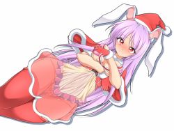 Rule 34 | 1girl, alternate costume, animal ears, blush, breast hold, breasts, breasts squeezed together, crotchless, crotchless panties, female pubic hair, gloves, hachi (chihagura), hat, large breasts, long hair, looking at viewer, panties, pubic hair, purple hair, rabbit ears, red eyes, red gloves, red thighhighs, reisen udongein inaba, santa hat, see-through, simple background, solo, thighhighs, touhou, uncensored, underwear, very long hair, white background