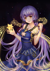 Rule 34 | 1girl, blue dress, breasts, cleavage, cleavage cutout, clothing cutout, collarbone, dress, hair ornament, highres, long hair, mafuyu (867208837), purple hair, smile, solo, star cutout, twintails, vocaloid, xingchen, yellow eyes