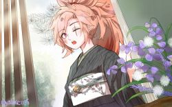 Rule 34 | 1girl, almic1135, baiken, facial mark, flower, guilty gear, japanese clothes, kimono, long hair, looking at viewer, one-eyed, open mouth, pink eyes, pink hair, ponytail, purple flower, scar, scar across eye, solo focus, very long hair