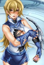 Rule 34 | 1girl, bare shoulders, blonde hair, blue gloves, blush, breasts, brown eyes, card, cleavage, covered navel, covering privates, covering breasts, duel academy uniform (yu-gi-oh! gx), duel disk, fingerless gloves, gloves, hair between eyes, highres, hikari (komitiookami), holding, holding card, indoors, large breasts, long hair, looking at viewer, md5 mismatch, miniskirt, open mouth, resolution mismatch, school uniform, skirt, sleeveless, solo, source smaller, sparkle, sweat, teeth, tenjouin asuka, tongue, torn clothes, torn gloves, upper teeth only, vest, yu-gi-oh!, yu-gi-oh! gx