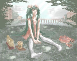 Rule 34 | 1girl, ant, bridge, bug, day, dress, feet, female focus, flower, full body, grass, green eyes, green hair, hair flower, hair ornament, hatsune miku, insect, inu m, legs, long hair, matching hair/eyes, nature, open mouth, outdoors, sitting, sky, socks, solo, starbucks, thighhighs, twintails, very long hair, vocaloid