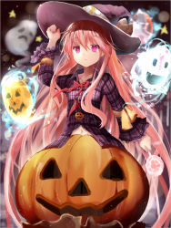 Rule 34 | 1girl, adapted costume, candy, efe, expressionless, ghost, halloween, hat, hata no kokoro, jack-o&#039;-lantern, lollipop, long hair, long sleeves, mask, navel, pink eyes, pink hair, plaid, plaid shirt, revision, shirt, solo, touhou, very long hair, witch hat