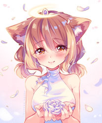 Rule 34 | 1girl, animal ears, artist name, bare shoulders, blush, borrowed character, breasts, brown eyes, brown hair, cat ears, closed mouth, collarbone, commission, flower, gradient background, grey background, hair between eyes, hair tie, half-closed eyes, halo, holding, holding flower, hyanna-natsu, long hair, looking at viewer, low twintails, medium breasts, original, petals, rose, rose petals, sleeveless, smile, solo, tiara, twintails, upper body, white flower, white rose