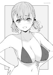 Rule 34 | 1girl, bikini, breasts, grey background, greyscale, hands on own hips, highres, kichihachi, large breasts, looking at viewer, monochrome, original, short twintails, simple background, solo, swimsuit, twintails, two-tone background, upper body, white background