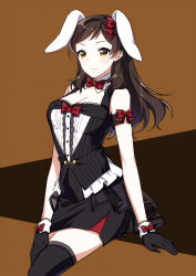 Rule 34 | 1girl, animal ears, arm strap, black gloves, black skirt, black thighhighs, black vest, bow, bowtie, breasts, brown background, brown hair, cleavage, closed mouth, detached collar, dress shirt, fake animal ears, gloves, hair bow, idolmaster, idolmaster million live!, kitazawa shiho, long hair, medium breasts, miniskirt, rabbit ears, red bow, red bowtie, shirt, skirt, sleeveless, sleeveless shirt, smile, solo, striped, swept bangs, thighhighs, touon, vertical stripes, vest, white shirt, yellow eyes, zettai ryouiki