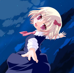 Rule 34 | 1girl, bad id, bad pixiv id, blonde hair, colorized, embodiment of scarlet devil, female focus, foreshortening, highres, hujikok, looking at viewer, looking back, miko machi, red eyes, ribbon, rumia, smile, solo, touhou