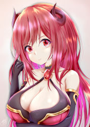 Rule 34 | 1girl, absurdres, bare shoulders, black gloves, breast hold, breasts, cleavage, closed eyes, collarbone, demon girl, demon horns, detached sleeves, elbow gloves, gloves, hair between eyes, highres, horns, huge breasts, io (princess connect!), jewelry, long hair, looking at viewer, princess connect!, red eyes, red hair, signature, simple background, smile, solo, takemura kou