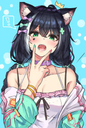 Rule 34 | !, 1girl, animal ear fluff, animal ears, aqua bow, black hair, blue background, blush, bow, braid, breasts, camisole, cat ears, cat girl, cenangam, collar, facial tattoo, green eyes, hair between eyes, hair bow, hair ornament, hairclip, hand up, heart, highres, jacket, karyl (princess connect!), long hair, looking at viewer, low twin braids, medium breasts, multicolored hair, multicolored nails, nail polish, off shoulder, open mouth, pink bow, pink collar, princess connect!, solo, spoken exclamation mark, tattoo, twin braids, two-tone hair, upper body