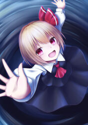Rule 34 | 1girl, absurdres, ascot, black skirt, black vest, blonde hair, commentary request, darkness, fang, hair ribbon, highres, long sleeves, looking at viewer, messiah &amp; crea, open mouth, outstretched arms, red ascot, red eyes, red ribbon, ribbon, rumia, shirt, short hair, skirt, skirt set, smile, solo, touhou, vest
