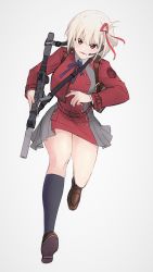 Rule 34 | 1girl, absurdres, alma01, artist name, backpack, bag, blonde hair, blue ribbon, grey jacket, grey socks, gun, hair ribbon, headset, highres, jacket, kneehighs, loafers, looking at viewer, lycoris recoil, lycoris uniform, multicolored clothes, multicolored jacket, neck ribbon, nishikigi chisato, rail (weapon), randoseru, red eyes, red jacket, red ribbon, ribbon, rifle, running, shoes, signature, simple background, socks, solo, strap, suppressor, thighs, weapon, weapon request, white background