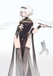 Rule 34 | 1girl, adapted costume, black dress, black panties, blindfold, breasts, bridal gauntlets, china dress, chinese clothes, covered eyes, covered navel, dress, hairband, halter dress, halterneck, large breasts, lips, mole, mole under mouth, nier (series), nier:automata, panties, parted lips, pelvic curtain, smoking pipe, pod (nier:automata), shawl, short hair, side slit, skindentation, sleeveless, sleeveless dress, string panties, thighhighs, thighs, thong, underwear, white hair, xiaoshou xiansheng, 2b (nier:automata)