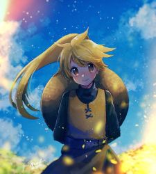 Rule 34 | 1girl, bad id, bad pixiv id, belt, blonde hair, blue sky, blush, brown eyes, closed mouth, cloud, cloudy sky, creatures (company), day, flat chest, game freak, hanenbo, highres, long hair, long sleeves, looking at viewer, nintendo, outdoors, pokemon, pokemon adventures, ponytail, signature, sky, smile, solo, standing, yellow (pokemon)