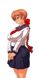 Rule 34 | 1girl, breasts, brown hair, cleavage, dead or alive, hair ornament, hair ribbon, himukai kyousuke, hip focus, kasumi (doa), large breasts, legs, long hair, red eyes, ribbon, school uniform, simple background, solo, tecmo, white background