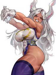 Rule 34 | 1girl, :d, animal ears, artist name, ass, bare shoulders, boku no hero academia, breasts, covered abs, covered navel, crescent print, dark-skinned female, dark skin, gloves, highleg, highleg leotard, highres, large breasts, leotard, long eyelashes, long hair, looking at viewer, mirko, muscular, muscular female, open mouth, own hands together, parted bangs, purple thighhighs, rabbit ears, rabbit girl, red eyes, sayanestia, sleeveless turtleneck leotard, smile, solo, stretching, taut leotard, teeth, thick thighs, thighhighs, thighs, white background, white gloves, white hair, white leotard