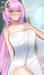 Rule 34 | 1girl, arm behind back, bare shoulders, bathroom, blue eyes, blush, breasts, cleavage, collarbone, elysia (honkai impact), elysia (miss pink elf), elysia (miss pink elf) (honkai impact), feet out of frame, hair ornament, hairclip, hand on own chest, highres, honkai (series), honkai impact 3rd, hum455, long hair, looking at viewer, medium breasts, naked towel, official alternate costume, open mouth, pink hair, pointy ears, smile, solo, standing, steam, sweat, sweatdrop, towel, wet, white towel