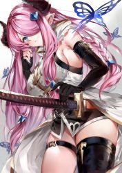 Rule 34 | 1girl, asymmetrical gloves, bare shoulders, black dress, black gloves, black thighhighs, blue eyes, blush, braid, breasts, bug, butterfly, closed mouth, draph, dress, elbow gloves, fingerless gloves, gloves, gradient background, granblue fantasy, hair ornament, hair over one eye, highres, horns, insect, katana, large breasts, light purple hair, long hair, looking at viewer, low tied hair, narmaya (granblue fantasy), pointy ears, sheath, short dress, single braid, single thighhigh, sleeveless, smile, solo, soraneko hino, sword, thigh strap, thighhighs, uneven gloves, vest, weapon, white background, white vest
