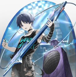 Rule 34 | 1boy, alternate costume, bass guitar, black pants, black tank top, character name, clothes writing, genshin impact, hair between eyes, highres, instrument, isobe47, jewelry, looking at viewer, male focus, necklace, open mouth, pants, purple eyes, purple hair, scaramouche (cat) (genshin impact), scaramouche (genshin impact), shirt, short hair, solo, tank top, wanderer (genshin impact)