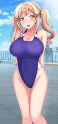 Rule 34 | 1girl, absurdres, arms behind back, bang dream!, bare shoulders, blonde hair, bloom, blue one-piece swimsuit, blush, breasts, brown hair, cleavage, collarbone, competition swimsuit, covered navel, drill hair, feet out of frame, gluteal fold, hair ornament, hairclip, highleg, highleg swimsuit, highres, huge breasts, ichigaya arisa, long hair, looking at viewer, looking away, one-piece swimsuit, open mouth, poposukii, rooftop, school, sidelocks, solo, standing, swimsuit, taut clothes, taut swimsuit, thigh strap, twin drills, twintails, x hair ornament