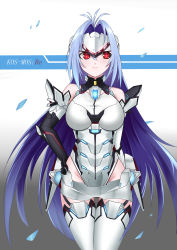 Rule 34 | 1girl, absurdres, android, bare shoulders, black gloves, blue hair, breasts, elbow gloves, forehead protector, gloves, highres, kos-mos, kos-mos re:, large breasts, leotard, long hair, looking at viewer, mecha musume, nintendo, red eyes, solo, thighhighs, very long hair, xenoblade chronicles (series), xenoblade chronicles 2, xenoblade chronicles (series), xenoblade chronicles 2, xenosaga