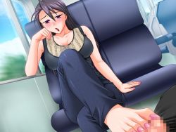 Rule 34 | 1girl, barefoot, blush, breasts, censored, cleavage, feet, footjob, head rest, large breasts, lipstick, long hair, looking at viewer, open mouth, penis, pov, purple eyes, sitting, toes, train