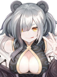 Rule 34 | 1girl, absurdres, animal ears, arknights, bare shoulders, black jacket, breasts, chinese commentary, cleavage, cleavage cutout, clothing cutout, commentary request, feater (arknights), grey hair, hair over one eye, hand up, highres, jacket, large breasts, long hair, long sleeves, looking at viewer, multicolored hair, open clothes, open jacket, panda ears, shiliuyexiaohei, simple background, solo, streaked hair, thick eyebrows, tongue, tongue out, upper body, v, white background, yellow eyes
