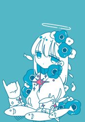 Rule 34 | 1girl, air bubble, anemone (flower), blue background, blue eyes, blue flower, bubble, colored skin, dot mouth, fish, flower, from side, hair between eyes, halo, highres, jitome, juliet sleeves, long hair, long sleeves, looking at viewer, no pupils, original, pinky out, puffy sleeves, shirt, sidelocks, simple background, sleeve cuffs, solo, sparkle, sskitaco, white flower, white hair, white halo, white shirt, white skin
