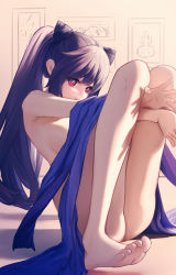 Rule 34 | 1girl, absurdres, ass, barefoot, between legs, breasts, chobiii7, cone hair bun, double bun, dressing, feet, genshin impact, hair bun, hand between legs, highres, keqing (genshin impact), knees together feet apart, knees up, large breasts, long hair, looking at viewer, morning, nude, purple eyes, purple hair, sideboob, sidelocks, sitting, smile, thighs, twintails