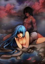 Rule 34 | 1boy, 1girl, black hair, blue hair, breasts, censored, cleavage, convenient censoring, green eyes, ippus, kessalendros mumyou, large breasts, long hair, lying, maera caenis nereus, md5 mismatch, mixed-sex bathing, nude, onsen, original, resized, resolution mismatch, scales, shared bathing, source larger, towel