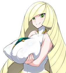 Rule 34 | 1girl, bare shoulders, blonde hair, blush, breast hold, breasts, covered erect nipples, creatures (company), female focus, game freak, green eyes, huge breasts, jadf, long hair, looking at viewer, lusamine (pokemon), nintendo, no bra, parted lips, pokemon, pokemon sm, simple background, smile, solo, upper body