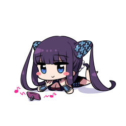 Rule 34 | 1girl, bare shoulders, black dress, blue eyes, blunt bangs, blush stickers, breasts, cellphone, chan co, chibi, china dress, chinese clothes, cleavage, closed mouth, detached sleeves, dress, fate/grand order, fate (series), feet up, hair ornament, large breasts, long hair, lying, musical note, on stomach, phone, purple hair, short dress, side slit, sidelocks, simple background, smile, solo, twintails, very long hair, white background, yang guifei (fate), yang guifei (second ascension) (fate)