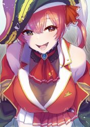 Rule 34 | 1girl, ascot, black hat, black jacket, bodystocking, breasts, cleavage, hair ribbon, hat, heterochromia, highres, hololive, houshou marine, jacket, large breasts, leaning forward, off shoulder, open mouth, pirate hat, red ascot, red eyes, red ribbon, red shirt, red skirt, ribbon, see-through, see-through cleavage, shirt, skirt, smile, solo, twintails, ueno meguru, virtual youtuber, yellow eyes