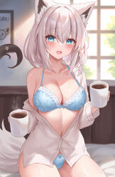 Rule 34 | 1girl, absurdres, animal ear fluff, animal ears, blue bra, blue eyes, blue panties, blurry, blurry background, blush, bra, braid, breasts, coffee, collarbone, cup, fox ears, fox girl, hair between eyes, hayasaka (a865675167774), highres, holding, holding cup, hololive, indoors, large breasts, looking at viewer, medium hair, navel, off shoulder, open mouth, paid reward available, panties, shirakami fubuki, shirt, short hair, single braid, solo, underwear, virtual youtuber, white hair, white shirt, window