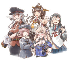 Rule 34 | 5girls, ahoge, black gloves, black hair, black headwear, black skirt, blue headwear, blue sailor collar, blue shirt, breasts, brown eyes, brown hair, cleavage, clothes writing, commentary request, cowboy shot, detached sleeves, double bun, dress, closed eyes, scar on face, gangut (kancolle), gloves, grey hair, grin, hairband, hand on own chest, hat, headgear, hip vent, jacket, jacket on shoulders, johnston (kancolle), kantai collection, karasu (naoshow357), kongou (kancolle), light brown hair, long hair, looking at viewer, medium breasts, mouth hold, multiple girls, necktie, off shoulder, ooyodo (kancolle), peaked cap, smoking pipe, pleated skirt, popped collar, red eyes, red neckwear, red shirt, remodel (kantai collection), ribbon-trimmed sleeves, ribbon trim, sailor collar, sailor dress, sailor hat, scar, scar on cheek, scar on face, school uniform, semi-rimless eyewear, serafuku, shirt, short hair, short sleeves, simple background, single glove, skirt, smile, two side up, under-rim eyewear, united states medal of honor, weapon, weapon request, white background, white jacket, z3 max schultz (kancolle)