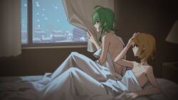 Rule 34 | 2girls, aftersex, ahoge, bed, bed sheet, bite mark, blonde hair, breasts, cleavage, collarbone, covering privates, covering breasts, curtains, gumi, hand on own head, hickey, implied after sex, kagamine rin, lamp, looking through window, multiple girls, naked sheet, on bed, scratches, short hair, sidelocks, sketch, small breasts, snow, snowing, under covers, vocaloid, window, wounds404, yuri
