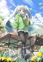 Rule 34 | 1girl, aqua eyes, aqua hair, black pantyhose, blue shorts, chair, cloud, cloudy sky, commentary request, copyright notice, crypton future media, cup, daidou (demitasse), dandelion, day, dress, falling leaves, falling petals, flower, folding chair, from below, green jacket, hair intakes, hatsune miku, holding, holding cup, jacket, kettle, leaf, leaning back, leaning on table, light blush, lily of the valley, logo, long hair, looking at viewer, nature, net, official art, open mouth, outdoors, pantyhose, pantyhose under shorts, petals, shorts, shorts under dress, sky, smile, solo, sunlight, table, twintails, very long hair, vocaloid, white dress, white flower, yellow flower