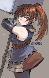 Rule 34 | 1girl, armor, artist name, black gloves, black leggings, blue dress, blush, breasts, brown hair, brown skirt, closed mouth, commentary, cowboy shot, crossed bangs, double-parted bangs, dress, elbow gloves, ergot, faulds, from behind, gauntlets, gloves, green eyes, grey background, hair between eyes, hammer, high ponytail, holding, holding hammer, holding weapon, leggings, long hair, looking at viewer, looking back, medium breasts, nina (unicorn overlord), ponytail, sidelocks, signature, simple background, skirt, sleeveless, sleeveless dress, solo, standing, sweat, unicorn overlord, war hammer, weapon