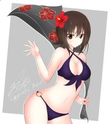 Rule 34 | 10s, 1girl, absurdres, artist name, bad id, bad twitter id, bikini, breasts, brown eyes, brown hair, character name, cleavage, closed mouth, commentary, cowboy shot, english text, flower, front-tie bikini top, front-tie top, getsumen suibaku ver. a(c), girls und panzer, grey background, hair flower, hair ornament, halterneck, happy birthday, highres, holding, leaning forward, looking at viewer, medium breasts, nishizumi maho, o-ring, o-ring bikini, purple bikini, revision, sarong, unworn sarong, short hair, signature, smile, solo, standing, swimsuit, waving