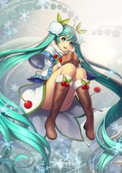 Rule 34 | 1girl, ahoge, artist name, boots, capelet, flower, green eyes, green hair, hatsune miku, knee boots, lily of the valley, long hair, looking at viewer, matching hair/eyes, metto, mittens, open mouth, sitting, snowflake print, snowflakes, solo, twintails, very long hair, vocaloid, yuki miku