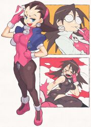 &gt;_&lt; 1girl blue_eyes breasts brown_hair brown_pantyhose closed_eyes closed_mouth coke-bottle_glasses covered_navel crying earrings full_body glasses gloves hairband hand_on_own_hip highres inkerton-kun jewelry large_breasts long_hair looking_at_viewer lying mega_man_(series) mega_man_legends_(series) on_back open_mouth pantyhose pink_footwear pink_gloves pink_hairband shoes standing teeth tongue torn_clothes tron_bonne_(mega_man)