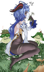 Rule 34 | 1girl, ^^^, absurdres, ahoge, aranara (genshin impact), backless outfit, black gloves, blue hair, bodystocking, detached sleeves, eating, eating flower, flower, full body, ganyu (genshin impact), genshin impact, gloves, grass, highres, holding, holding flower, horns, long hair, milkyway (milkyway pixiv), no shoes, ponytail, purple eyes, simple background, solo, sweat, thighs, white background