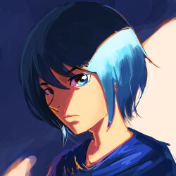 Rule 34 | 1other, absurdres, androgynous, blue eyes, blue hair, blue robe, commentary, expressionless, highres, original, other focus, portrait, profile, robe, ronillust, shade, short hair, solo