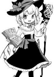 Rule 34 | 1girl, :d, alternate costume, book, capelet, crystal, fang, feet out of frame, flandre scarlet, greyscale, hat, high-waist skirt, highres, holding, holding book, holding staff, long sleeves, looking at viewer, monochrome, one side up, oninamako, open mouth, short hair, simple background, skirt, slit pupils, smile, solo, staff, touhou, wings, witch hat