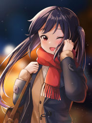 Rule 34 | 1girl, ;d, bag, black hair, blue jacket, blurry, blurry background, brown cardigan, brown eyes, cardigan, commentary request, highres, holding, holding bag, jacket, k-on!, long hair, long sleeves, looking at viewer, nakano azusa, one eye closed, open clothes, open jacket, open mouth, oscar (a7069721), red scarf, scarf, sidelocks, smile, solo, sweater, twintails, upper body, white sweater