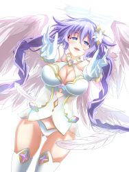 Rule 34 | 10s, 1girl, absurdres, angel wings, blue eyes, braid, breasts, circlet, cleavage, cleavage cutout, clothing cutout, colored eyelashes, detached collar, elbow gloves, feathered wings, feathers, female focus, flower, flying, four goddesses online: cyber dimension neptune, garter straps, gem, gloves, hair between eyes, hair flower, hair ornament, half-closed eyes, halo, highres, holding hands, ichigomiruku, jewelry, large breasts, legs, lingerie, long hair, looking at viewer, navel, neptune (neptunia), neptune (series), open mouth, outstretched arms, purple hair, purple heart (neptunia), simple background, solo, stomach, symbol-shaped pupils, thigh gap, thighhighs, thighs, twin braids, underwear, very long hair, white background, white feathers, white gloves, white hair, white thighhighs, white wings, wings